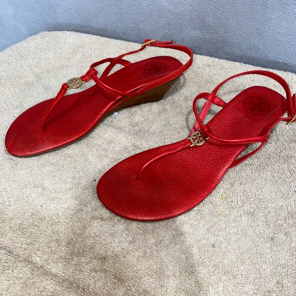 Tory Burch Shoes - Tory Burch Red Leather T-Strap Wedge Sandals Gold Logo Medallion Women’s